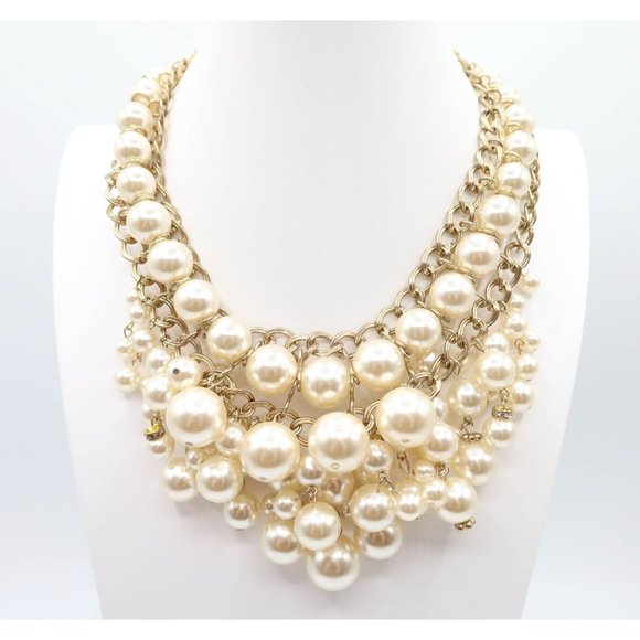 Chico's Jewelry - CHICOS Ornate Chunky Gold Tone & Faux Pearl Dangle Bauble Statement Necklace